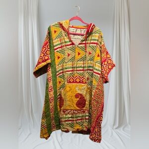 KANTHA Hooded Poncho ITEM 122 BOHO COMFY with pockets, handmade reversible OS